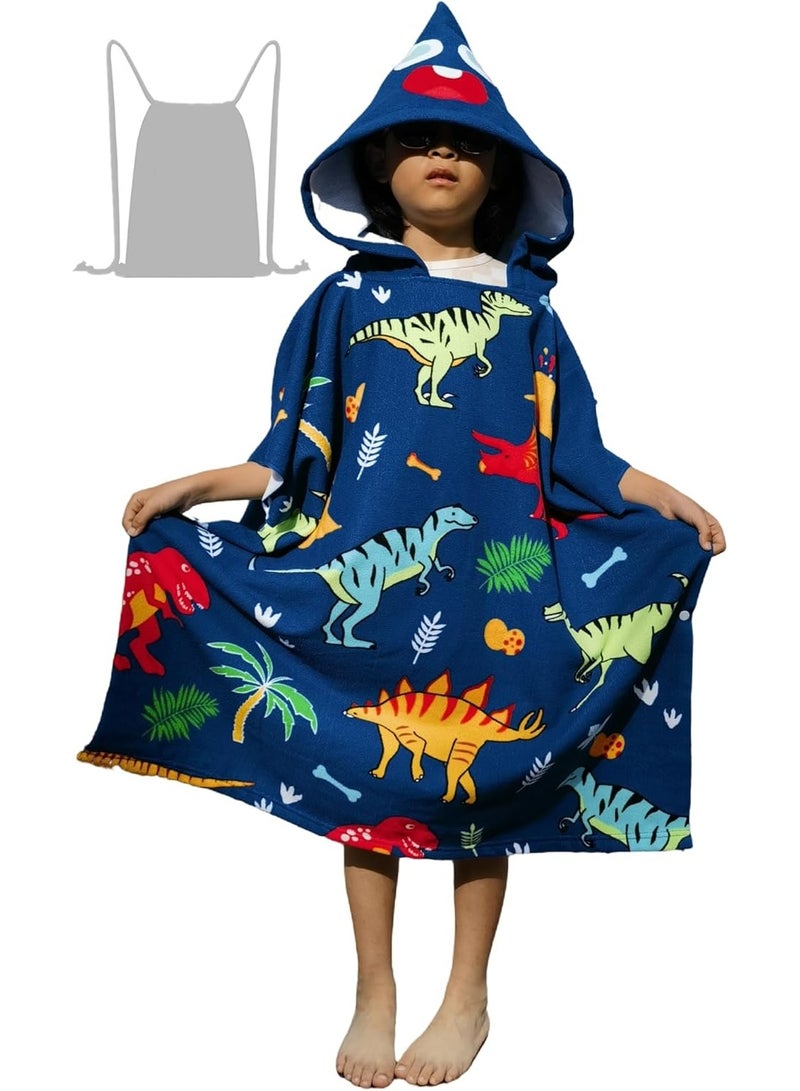 Soft Swim Cover-ups for  Old Kids Navy Blue Dinos Hooded Bath Beach Poncho Towels - Image 1